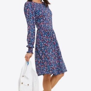 Draper James Navy Ditsy Floral Smocked Cuff Long Sleeve Dress Small